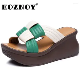 Slippers Koznoy 7cm Sewing Weave Cow Genuine Leather Fashion Sandals Women Wedge Peep Toe Slipper Platform Ladies Summer Shoes