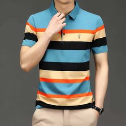 Men's T-Shirts Brand Embroidered Mens Polo Shirt Golf Shirt 2024 Summer Striped Button Mens Long sleeved T-shirt J240506