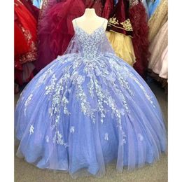Quinceanera Spaghetti Straps Dresses Lavender Lace Applique Tulle Sweep Train Corset Back Sweet 16 Party Prom Ball Evening Vestidos