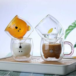 Tumblers Double Glass Cup Qute Coffee Panda Dog Animal Transparent Cute Milk Juice Tea Beverage Birthday Party Wine Glasses H240506