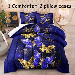 Duvet Cover 3pcs Fashion Purple Golden Butterfly Print Bedding Set, Soft Comfortable And Skin-friendly Comforter For Bedroom, Guest Room (1*Comforter + 2*Pillowcase,