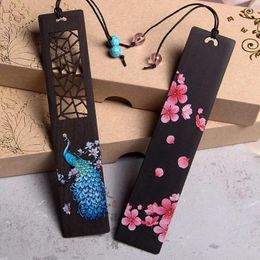 Wooden Bookmark Painted Peacock Cherry Blossom Student Reading Mark Stationery Gift Sandalwood Aesthetic Book Accessories