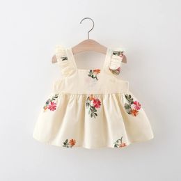 Dresses Baby Girl Summer Dress With Flying Sleeves Small Flower Embroidery Solid Cotton Dress (03 Years Old)