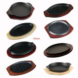 Grills Korean cast iron barbecue pot fried striped steak BBQ grilled plate round household baking raosting pan wooden tray kitchen pan