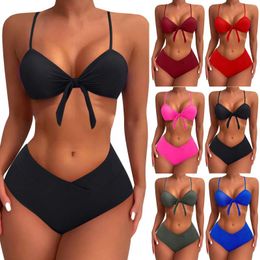 Women's Swimwear Split Sexy High Waist Bowknot Bikini Bra Padded No Steel Support Swimsuit 2024 Women Two-piece