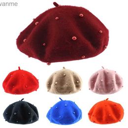 Caps Hats Pearl Womens Hat Fashion Wool Candy Coloured Beret Suitable for Girls 3-8 Years Spring/Summer/Winter Childrens Beret WX