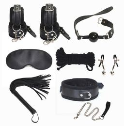 Black Leather Bondage Set Kit with sex Wrist Cuffs Mouth Gag Fetish Slave Restraint Whip Blindfold Rope Neck Collar5282759