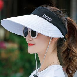 Simple Women Summer Sun Visor Wide Brim Hat Beach Adjustable UV Protection Female Cap Packable 240430