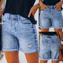Women's Shorts Casual Jeans With Pockets High Waisted Button Sexy Hole Female Fashionable Straight Leg Pants For