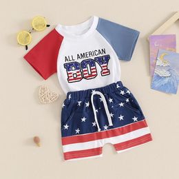 Clothing Sets Toddler Boy 4th Of July Summer 2Pcs Outfits Short Sleeve Letter Embroidery Shirt Star Stripes Print Shorts Set