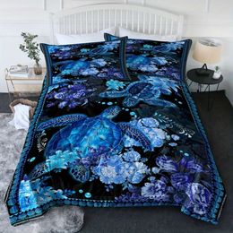 Duvet Cover Turtle Sets Ocean Flower Bedding Blue Sea Animal Plant Cover Decorative 3 Piece Comforter Set with 2 Pillow Shams