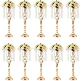 Wedding Table Decorations - 10 Pcs Gold Vase for Centerpieces with Chandelier Crystals 21.7in Tall Flower Vase Freight Free 240422