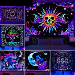 Stickers Large Blacklight Mushroom Tapestry Uv Reactive Moon and Stars Tapestries Wall Hanging Aesthetic Tapestry Glow in the Dark