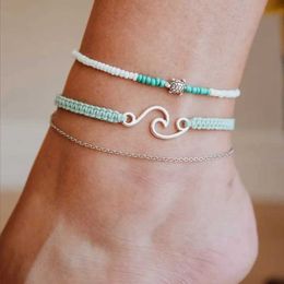 Anklets IFKM Bohemian Vintage Multi-layer Turtle Anklets For Women Vintage Beads Chain on Leg Ankle Summer Bracelet Beach Jewelry