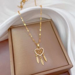 Pendant Necklaces 316L Stainless Steel Gold Plated Romantic Crystal Heart Dream Catcher Necklace For Women Girls Temperament Party Gifts