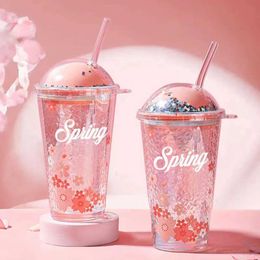Tumblers 450ML Cherry Blossom Glass Cup With Lid and Straw Cold Drinking Glasses Coffee Mug Juice Milk Tea Cups For Girls Birthday Gifts H240506