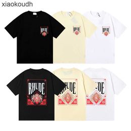 Rhude High end designer clothes for Small and trendy wine red card printing hip-hop men and womens loose casual short sleeved T-shirt With 1:1 original labels