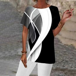 Women's T-Shirt Womens T-shirt O-neck T-shirt loose top simple curve shirt geometric print womens zippered short sleeves Summer HarajukuL2405