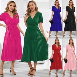 Basic Casual Dresses Designer Dress summer new V-neck bubble sleeve pleated skirt women's slim temperament long dress explosion Plus Size Long skirt