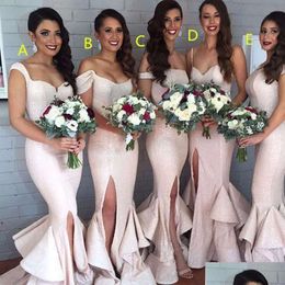 Bridesmaid Dresses Sequins Off Sparkly The Shoulder Mermaid Side Slit Floor Length Ruffles Sleeveless Ruched Custom Made Plus Size Maid Of Honor Gowns