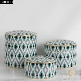 Storage Bottles Painted Geometric Texture Ceramic Jar With Lids Tea Canister Porcelain Caddy Candy Pots Cereal Jars Desk Decoration