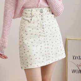 Skirts Korean Fashion Women's Casual Floral Pirnted High Waist Jeans Skirt Summer Beach Sexy Mini Denim Pink Khaki White Saias