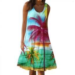 Casual Dresses Hawaiian Dress For Women Summer Pleated Bohemian Cute Sleeveless Flowing Beach Straight T-Shirt Tank Round