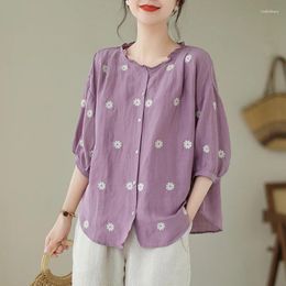 Women's Blouses 2024 Arrival Summer Women Loose Fit Ruffled Patchwork Three Quarter Sleeve Floral Embroidery Casual Cotton Linen Shirts S116