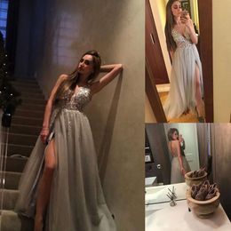 Neck Deep New Prom Sexy V 2018 Dresses Sier Straps Tulle High Side Slit Split Sweep Train Sequins Backless Formal Long Evening Gown