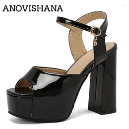 Sandals ANOVISHANA Elegant Open Toe Women 12cm Thick Block Heel 4cm Platform Ankle Buckles Big Size 48 49 50 Black White Gold