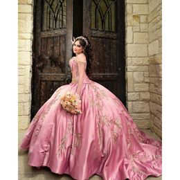 オフドレスピンクの肩quinceanera2021ビーズクリスタルストラップコルセットバック刺繍スイート16プロムボールガウンカスタムメイド