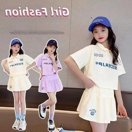 Clothing Sets Summer Youth and Girls Clothing Set Childrens Letter Printed Polo Neck T-shirt and Tight Clothing Childrens Short sleeved Polo TopL2403