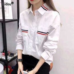 Women's T-Shirt Long sleeved loose collar spring and summer business and leisure patch work pocket solid simple top for womens clothingL2405
