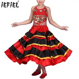 Stage Wear Kids Girls Dance Skirt Spanish Bull Costume Performance Color Block Long Swing Tiered Costumes