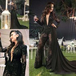 Prom Jumpsuit Sexy Dresses Black Plunging V Neck Long Sleeves Chiffon Train Lace Sequins Custom Made Celebrity Evening Party Gown