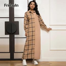 Casual Dresses Fridayin All Season Long For Women Chequered Colour Contrast Turndown Shirt Sleeve Loose Skirts Ladies