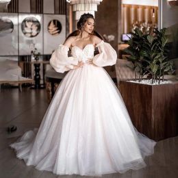 Dresses New Ball Gowns Detachable Puff Sleeves Glitter Wedding Dress Appliques Off the Shouldertulle Boho Bridal Gown
