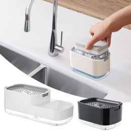 Bottles Dish Soap Dispenser with Sponge Holder for Kitchen Countertop Sink Manual Press Dishwashing Soap Pump Dispenser Set with Brush