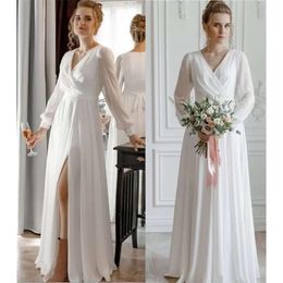Country Bridal Beach Wedding Dresses Gown A Line V Neck Long Sleeves Side Slit Chiffon Floor Length Custom Made Plus Size Vestidos De Novia estidos