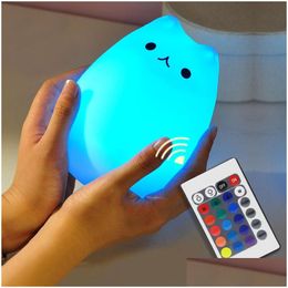 Night Lights Colorf Touch Sensor Cat Light Led Children Animal Sile Soft Cartoon Baby Nursery Lamp Breathing Usb Drop Delivery Lightin Dhhb9