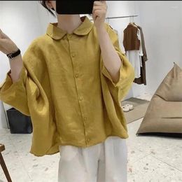 Women's Blouses Cotton And Linen Shirt 2024 Summer Three-quarter Sleeve Bat Sleeved Loose Oversized Slimming Doll Collar Blouse Lady