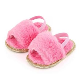 Sandals Infant Baby Girls Summer Sandals with Faux Fur Soft Sole Newborn First Walker Crib Dress Shoes