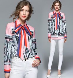 2019 Spring Fall Luxury Baroque Print Bow Tie Neck Women Casual Office Button Front Lapel Neck Long Sleeve Channel Top Shirt Blouse3097646