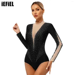 Stage Wear Womens Sheer Mesh Dance Leotard Glittery Rhinestones Keyhole Back Patchwork Long Sleeve Bodysuit For Gymnastics Figure Skating