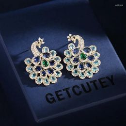 Stud Earrings Gorgeous Colored Pear Stones Cluster Tail Peacock