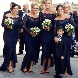 Blue Vintage Mermaid Navy Lace Bridesmaid Dresses Off the Shoulder Tea Length 2019 Custom Made Plus Size Long Hleeves Maid of Honor Gown