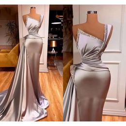 Dresses Sier Gray Mermaid Evening Sleeveless One Shoulder Satin Ruched Pleat Sweep Train Beaded Peplum Custom Made Prom Party Gowns Vestidos