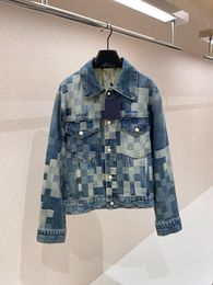 2024 Spring/Summer Custom Checkered Print Denim Jacket and Jeans Set with Pearl Buttons