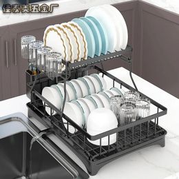 Kitchen Storage 2 Tier Bowl Dish Drying Racks With Drainboard & Utensil Holders For Counter Rust-Proof Drainers Organiser