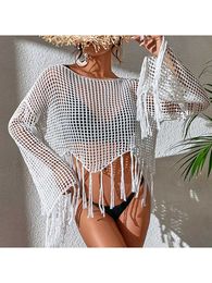 Women Beach Wear Women Beach Cover Up Solid Colour Flared Long Slve Hollow-Out Tassel Tops Swimsuit Crochet Beachwear Coverups Y240504